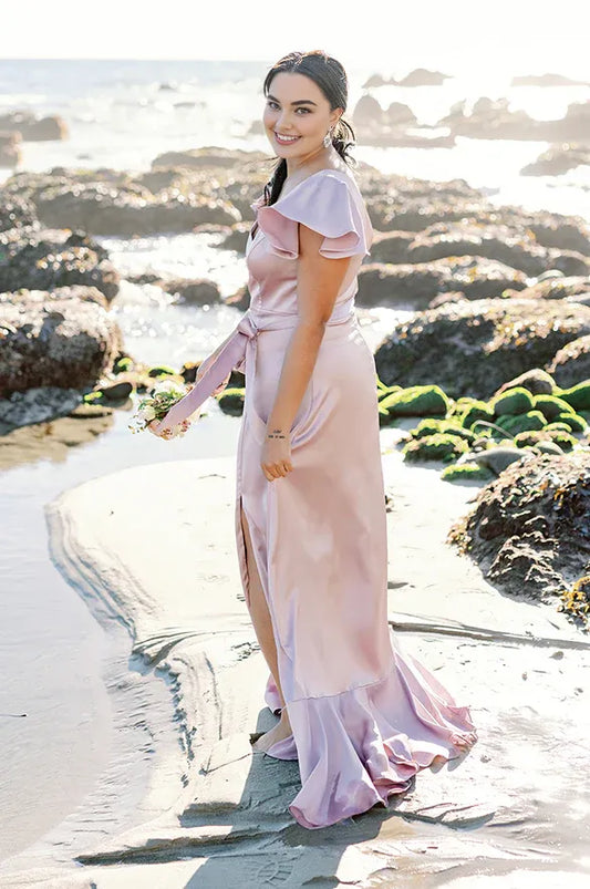 Solid Color A-Line V Neck Flutter Sleeve Satin Floor-Length Plus Size Prom Dress