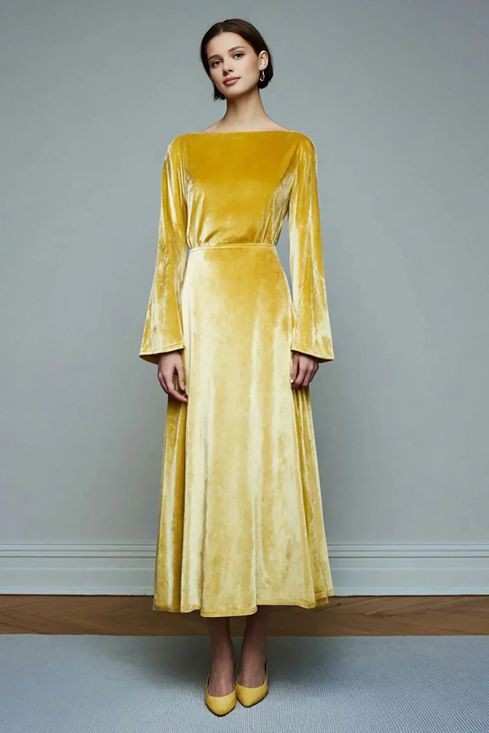 Solid Color A Line Jewel Neck Long Sleeve Velvet Ankle-Length Prom Dress