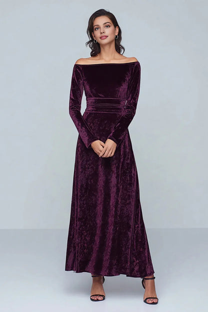 Solid Color A Line Off the Shoulder Long Sleeve Velvet Floor-Length Prom Dress