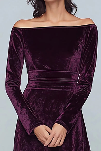 Solid Color A Line Off the Shoulder Long Sleeve Velvet Floor-Length Prom Dress