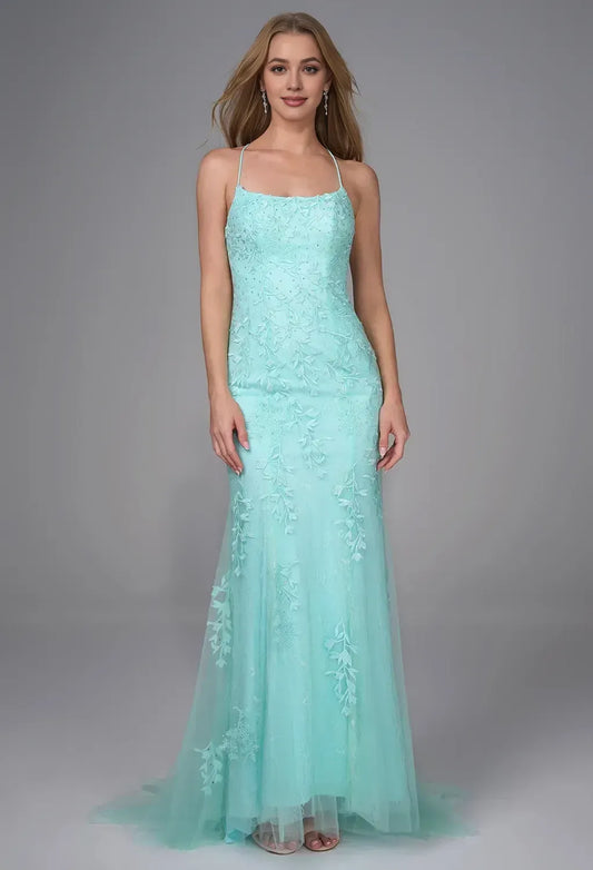 Sophisticated Mermaid/Trumpet U Neck Sleeveless Backless Tulle Floor Length Prom Dress