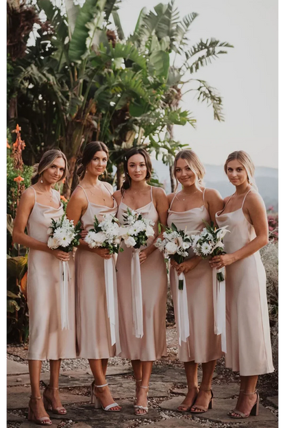 Spaghetti Strap Backless Sheath Tea Length Sleeveless Sexy Bridesmaid Dresses