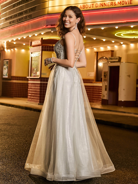 Spaghetti Straps A-line Tulle V Neck Glitter Prom Dress with Beaded Champagne
