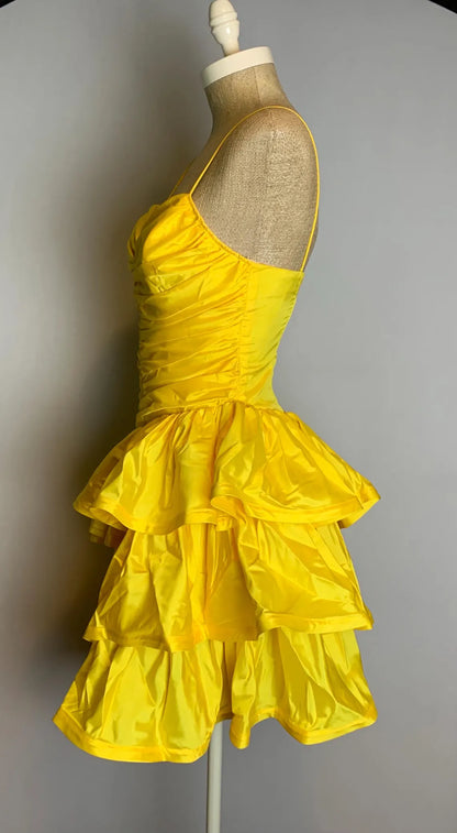 Spaghetti Straps A-line Yellow Layered Ruffled Sleeveless Short Homecoming Dress