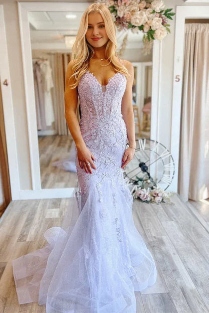Spaghetti Straps Backless Lace Up Long Tulle Floral V Neck Mermaid Evening Dress