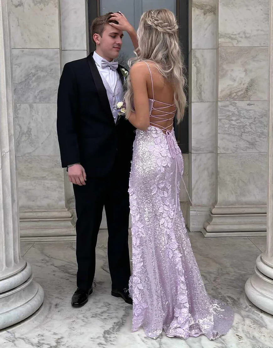 Spaghetti Straps Backless Lace Up Sequin Side Slit Prom Dress with 3D Flowers