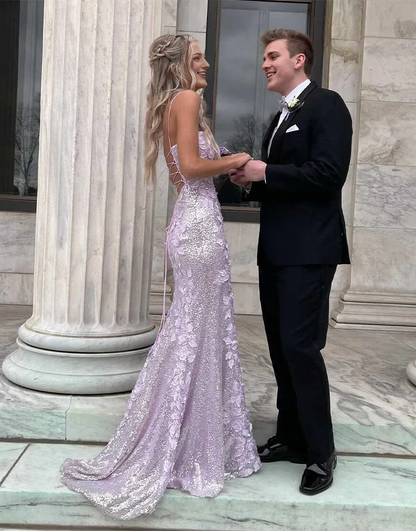 Spaghetti Straps Backless Lace Up Sequin Side Slit Prom Dress with 3D Flowers