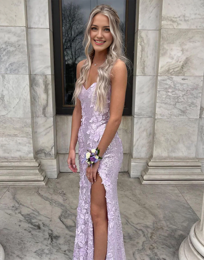 Spaghetti Straps Backless Lace Up Sequin Side Slit Prom Dress with 3D Flowers
