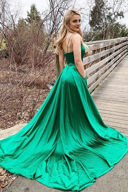 Spaghetti Straps Backless Simple V Neck Green Long Train Prom Party Dresses With Slit