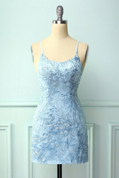 Spaghetti Straps Backless Tight Homecoming Dress with Appliques ﻿