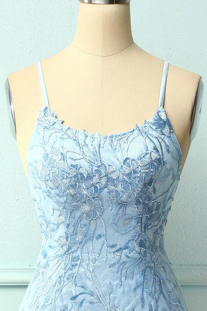 Spaghetti Straps Backless Tight Homecoming Dress with Appliques ﻿
