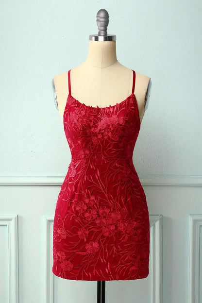 Spaghetti Straps Backless Tight Homecoming Dress with Appliques ﻿