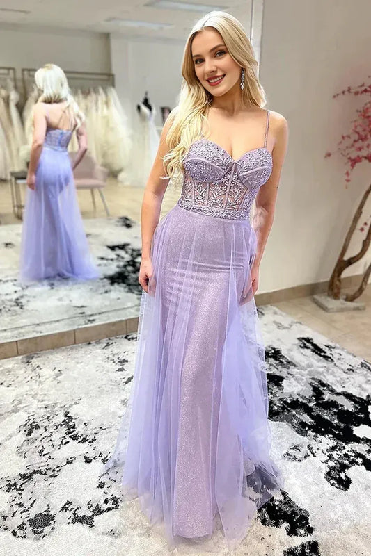 Spaghetti Straps Backless Tulle Lilac Sweetheart Sequins Long Prom Dresses with Appliques
