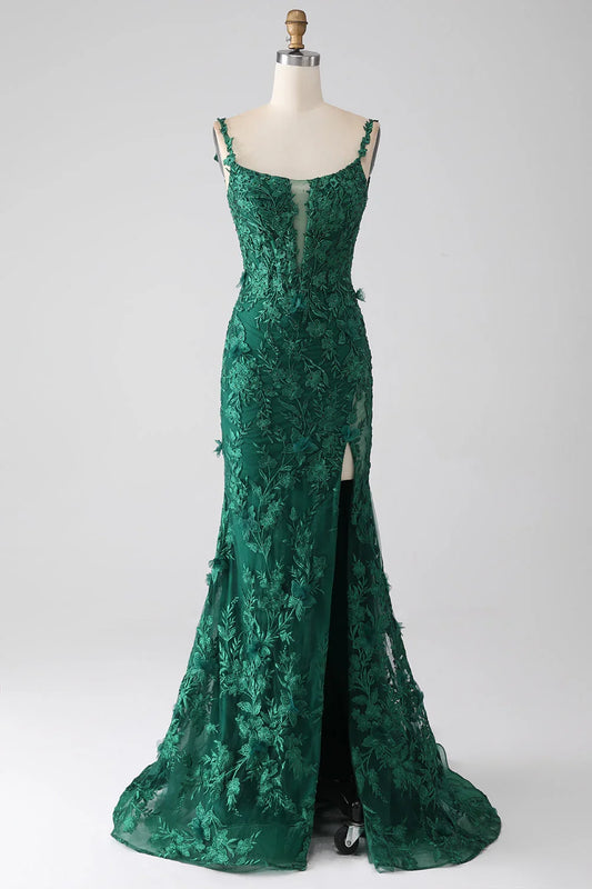 Spaghetti Straps Backless V Neck Dark Green Lace Mermaid Prom Evening Dress With Slit