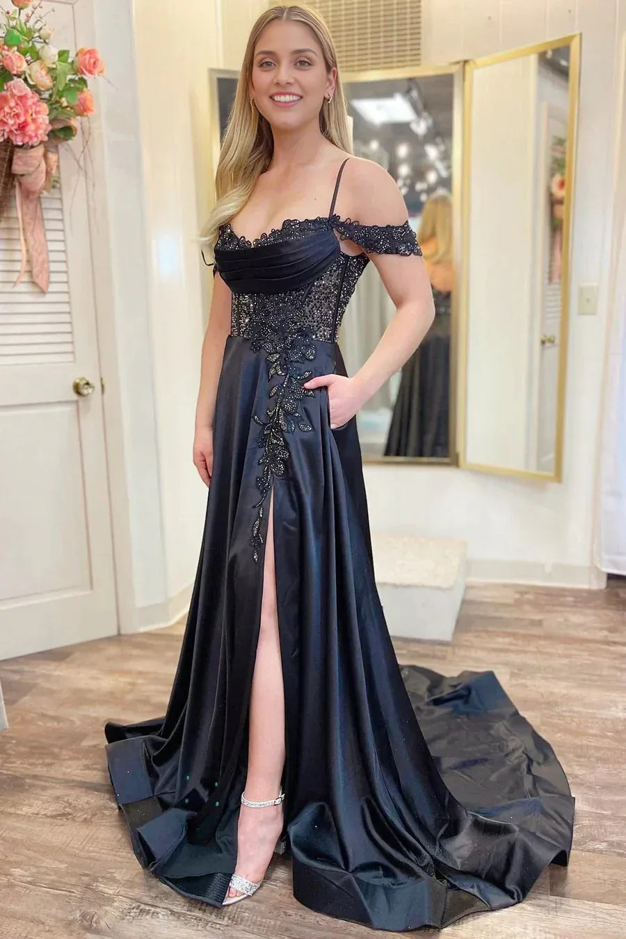 Spaghetti Straps Black Appliques Off The Shoulder A-Line Prom Dress With Slit