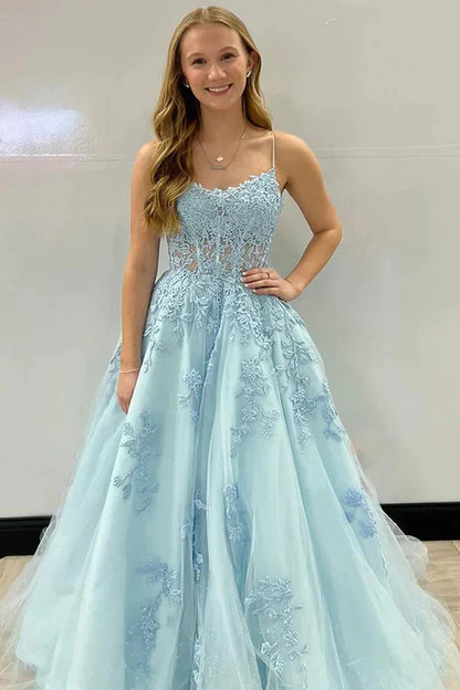 Prom Dresses Stores A Line Spaghetti Straps Corset Back Long Prom Dress With Appliques Formal Women's Dresses