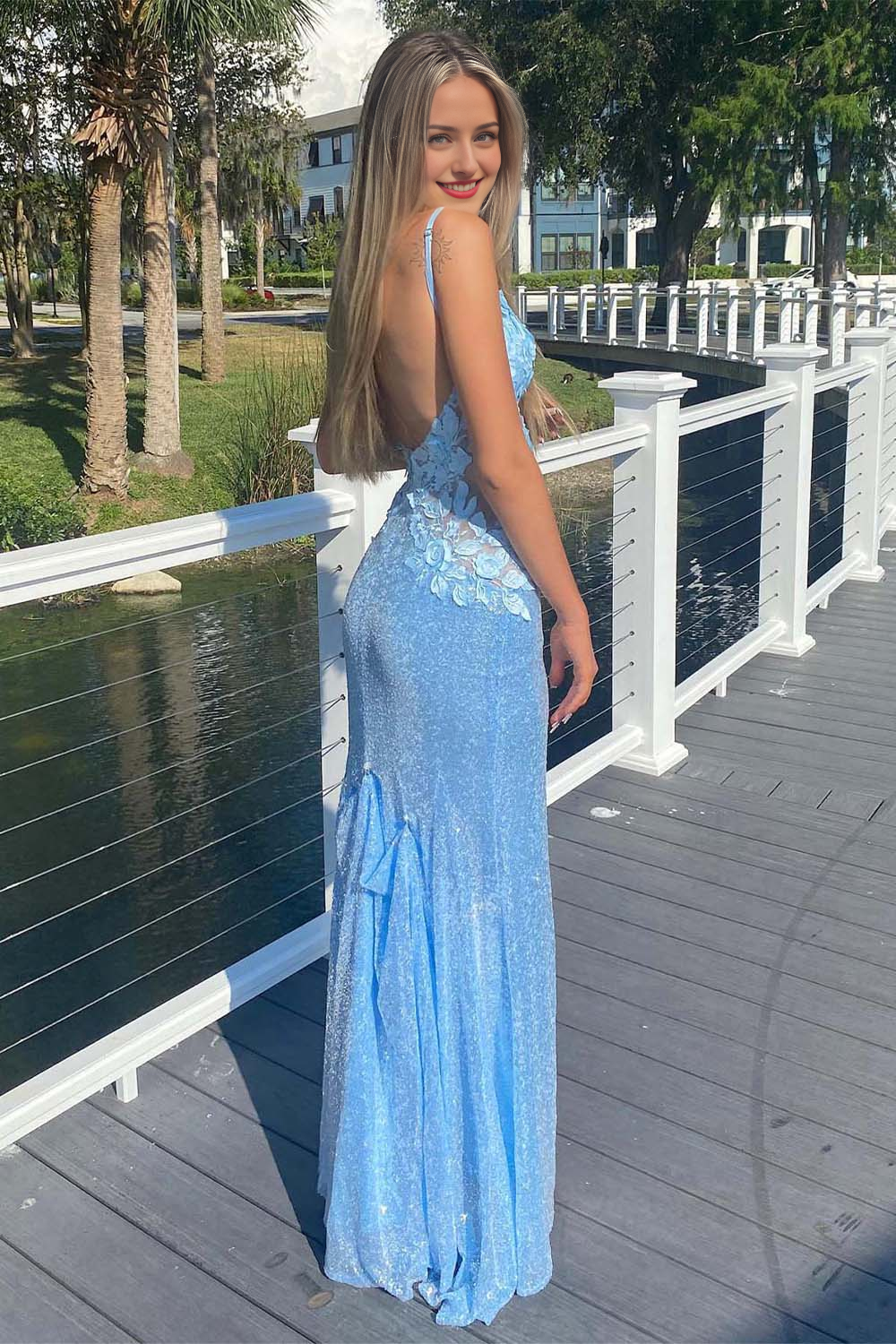 Spaghetti Straps Deep V Neck 3D Flowers Slit Sequin Prom Dress