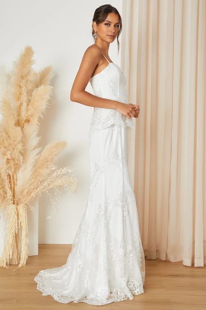 Spaghetti Straps Eternal White Lace Bustier Peplum Mermaid Wedding Gown With Floor Length