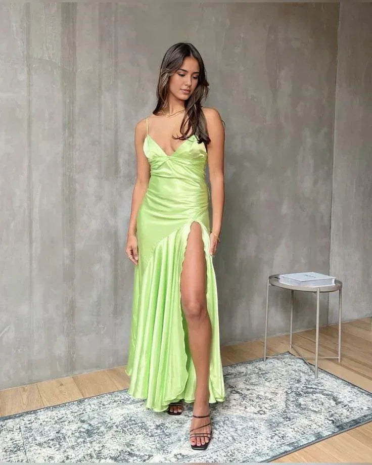 Formal Women's Dresses Light Green Backless High Slit Spaghetti Straps Evening Dress Prom Party Dress Prom Clothing
