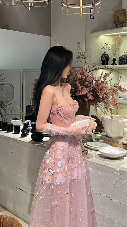Spaghetti Straps Fairy A line Straps Tulle Backless Long Pink Lace Prom Dresses