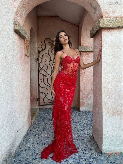 Spaghetti Straps Floor Length Charming Red Lace Sheath Long Prom Dress