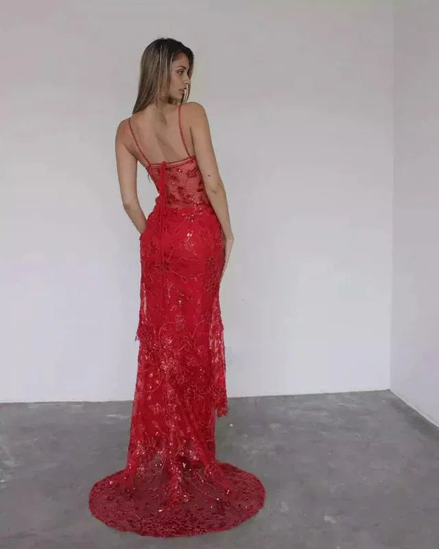 Spaghetti Straps Floor Length Charming Red Lace Sheath Long Prom Dress