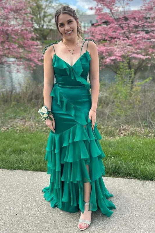 Spaghetti Straps Floor Length Green V-Neck Ruffle Long Prom Dress with Slit
