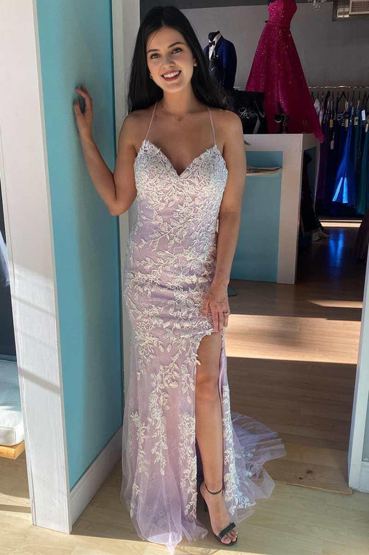 Spaghetti Straps Floor Length Lace Applique Mermaid Prom Evening Dresses Off-the-Shoulder Sleeveless