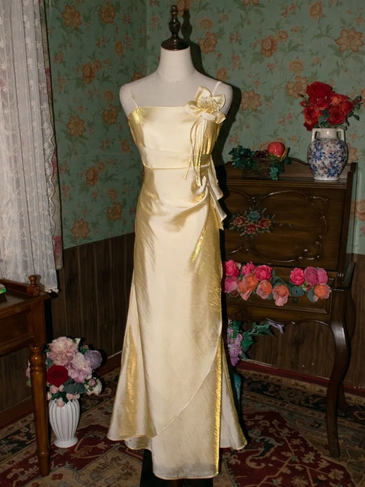 Spaghetti Straps Floor Length Light Gold Vintage Floral Embellished Sheath Fairy Princess Evening Dress