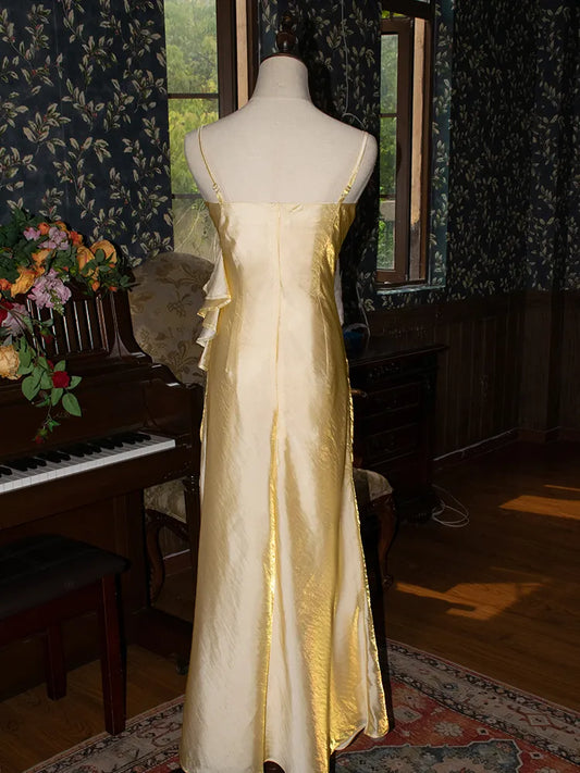 Spaghetti Straps Floor Length Light Gold Vintage Floral Embellished Sheath Fairy Princess Evening Dress