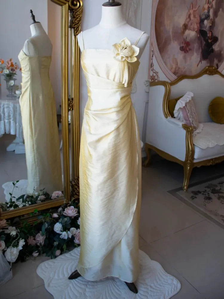 Spaghetti Straps Floor Length Light Gold Vintage Floral Embellished Sheath Fairy Princess Evening Dress