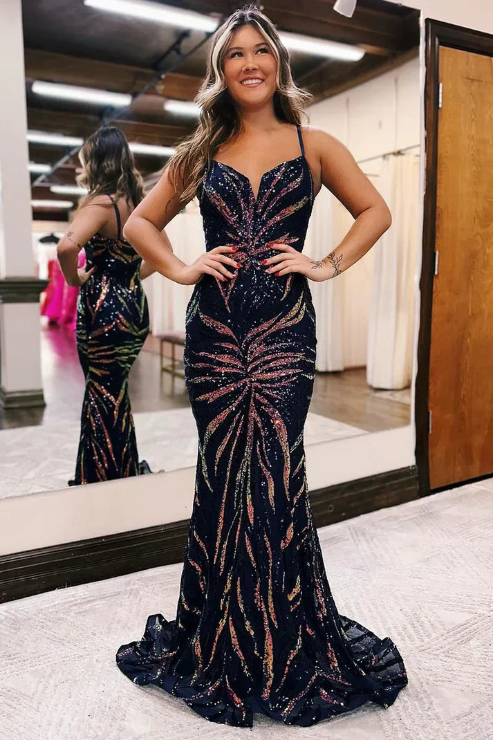 Spaghetti Straps Floor Length Sequins Long Lace Mermaid Prom Dresses
