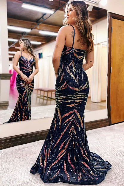 Spaghetti Straps Floor Length Sequins Long Lace Mermaid Prom Dresses