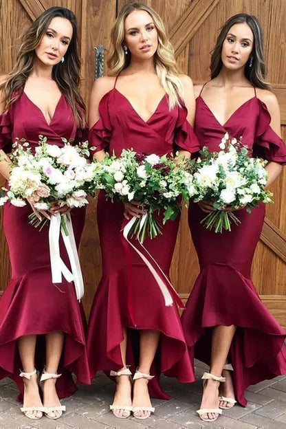 Spaghetti Straps High Low V Neck Mermaid Burgundy Bridesmaid Dress/Formal Women's Dresses