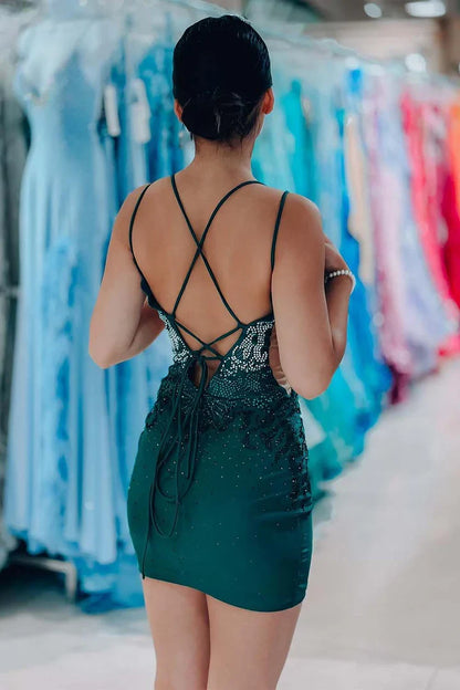 Spaghetti Straps Lace Up Beads Backless Short Homecoming Dress