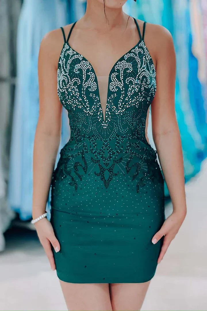 Spaghetti Straps Lace Up Beads Backless Short Homecoming Dress