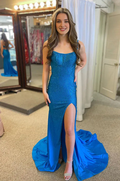 Spaghetti Straps Lace Up Light Blue Scoop Neck Beaded Mermaid Prom Dresses With Slit