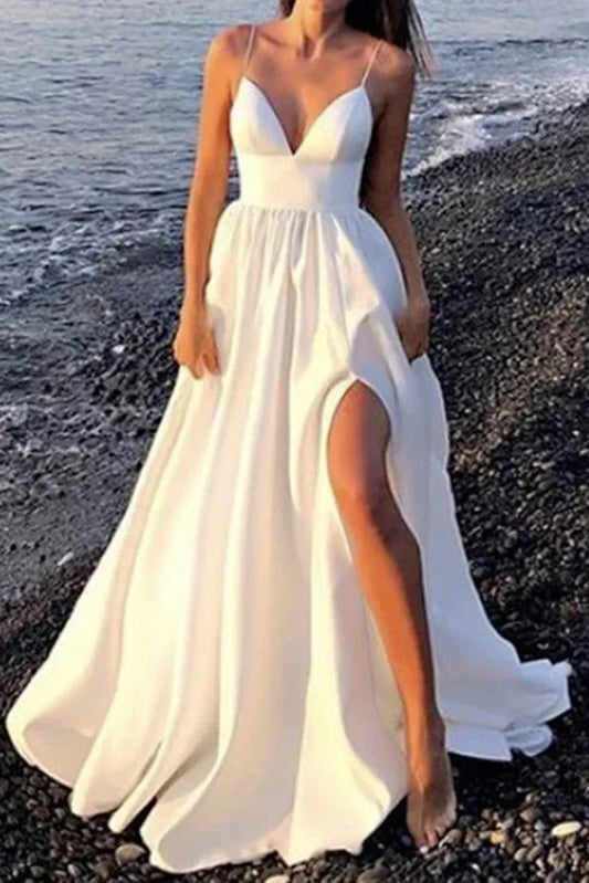 Spaghetti Straps Long White Prom Dress V Neck Evening Dress Open Back With High Slit