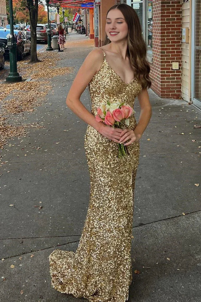 Spaghetti Straps Mermaid Gold Sequin Long V-Neck Backless Evening Dresses