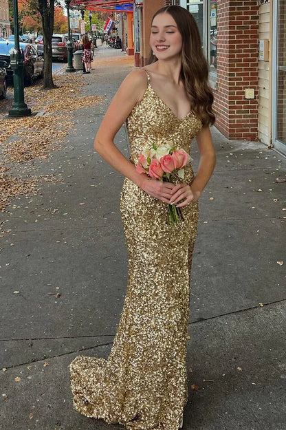 Spaghetti Straps Mermaid Gold Sequin Long V-Neck Backless Evening Dresses