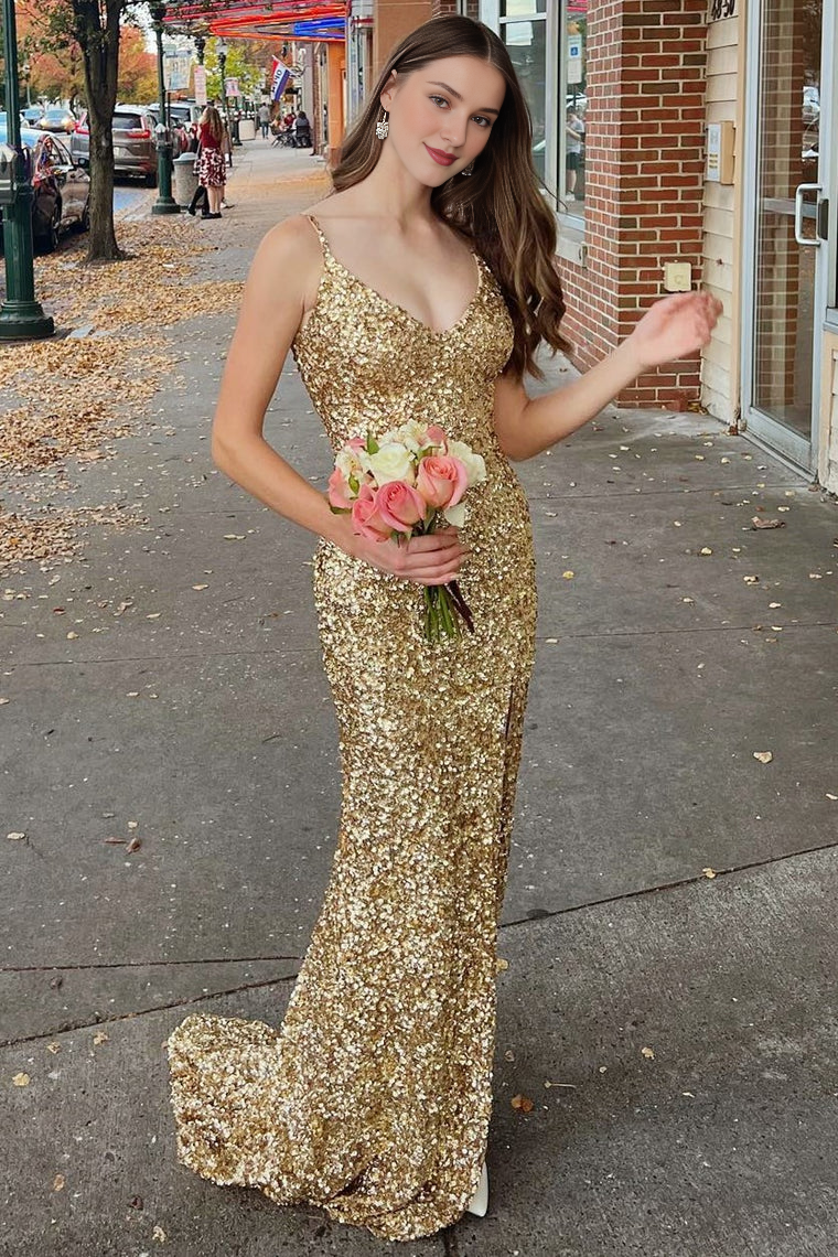 Spaghetti Straps Mermaid Gold Sequin Long V-Neck Backless Evening Dresses