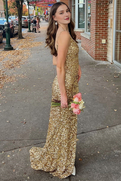 Spaghetti Straps Mermaid Gold Sequin Long V-Neck Backless Evening Dresses