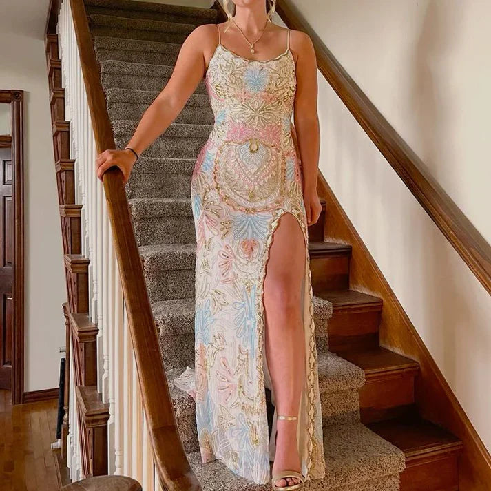 Modest Sheath Straps Sequin Slit Lace Up Backless Prom Dresses