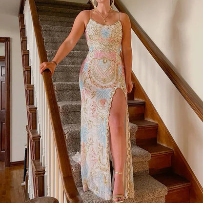 Modest Sheath Straps Sequin Slit Lace Up Backless Prom Dresses