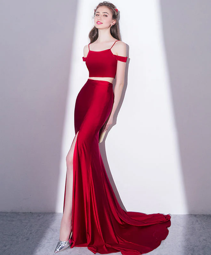 Spaghetti Straps Mermaid Two Pieces Long Prom Dress