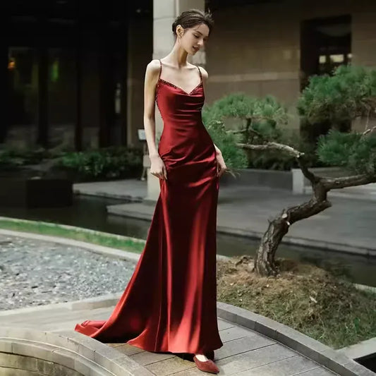 Spaghetti Straps Open Back Sexy Mermaid Satin Burgundy Prom Dress With Train