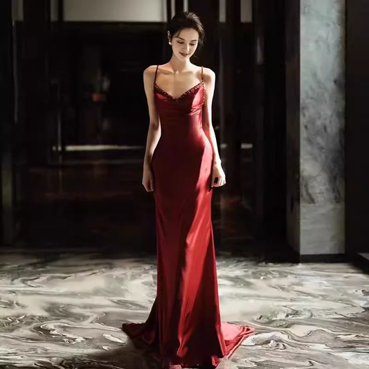 Spaghetti Straps Open Back Sexy Mermaid Satin Burgundy Prom Dress With Train