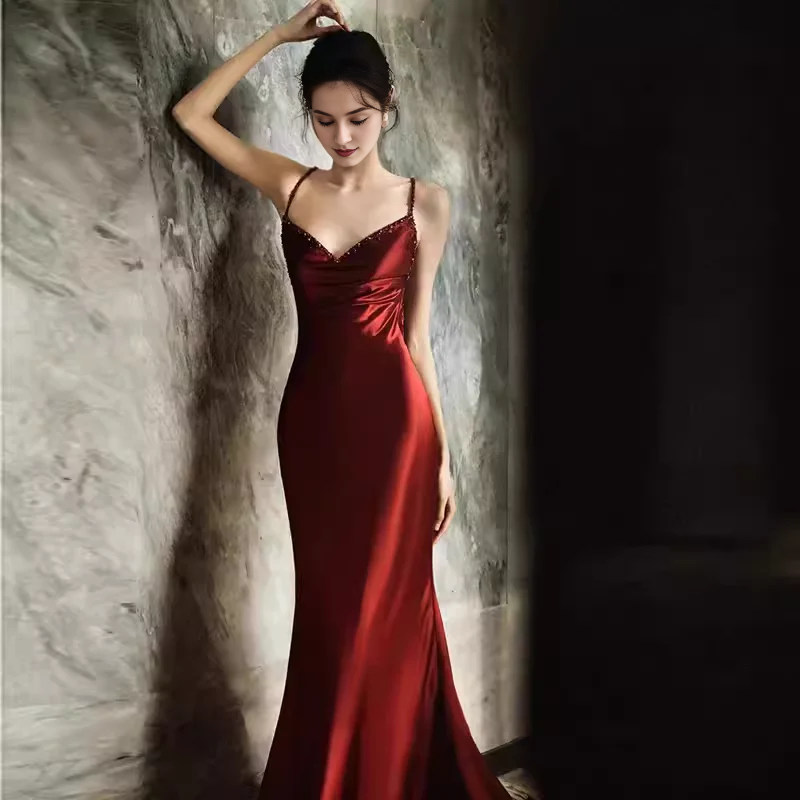 Spaghetti Straps Open Back Sexy Mermaid Satin Burgundy Prom Dress With Train