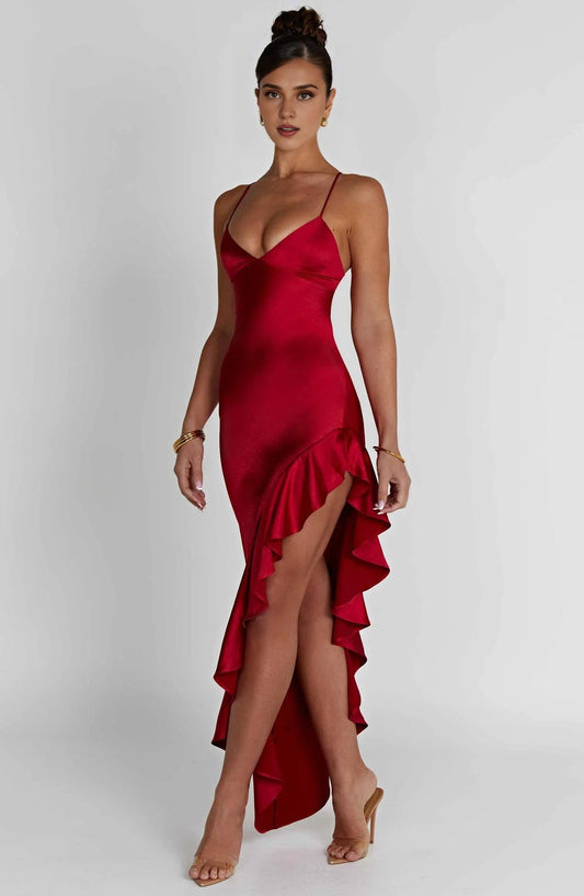 Spaghetti Straps Open Back Women Dresses Sleeveless Sexy 's Ruffled Off Shoulder Red Prom Dress