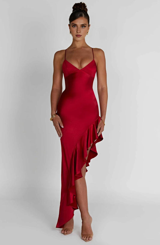 Spaghetti Straps Open Back Women Dresses Sleeveless Sexy 's Ruffled Off Shoulder Red Prom Dress